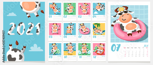 Children's calendar for 2021 - year of ox. Funny cute black and white spotted cows are having fun and relaxing. Cartoon vector template for calendar or planner.