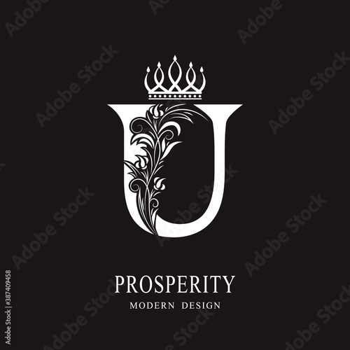 Elegant Capital letter U. Graceful royal style. Calligraphic beautiful logo. Vintage floral drawn emblem for book design, brand name, business card, Restaurant, Boutique, Hotel. Vector illustration