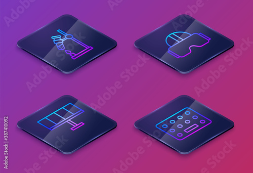 Set Isometric line Test tube flask on fire, Solar energy panel, Virtual reality glasses and Pills in blister pack. Blue square button. Vector.
