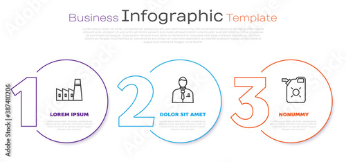 Set line Oil industrial factory building, Businessman or stock market trader and Canister for motor oil. Business infographic template. Vector.