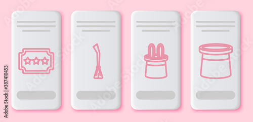 Set line Ticket, Witches broom, Magician hat and rabbit ears and Magician hat. White rectangle button. Vector.