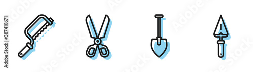 Set line Shovel, Hacksaw, Scissors and Trowel icon. Vector.