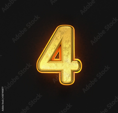 vintage gold metal alphabet with yellow outline and backlight - number 4 isolated on black background, 3D illustration of symbols
