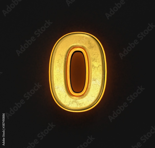 vintage gold metallic alphabet with yellow outline and backlight - number 0 isolated on black background, 3D illustration of symbols