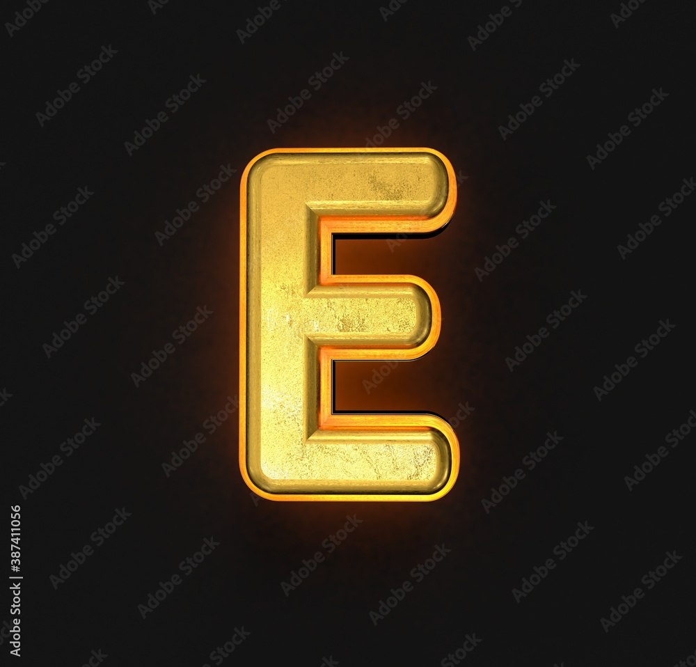 aged gold metalline font with yellow outline and backlight - letter E isolated on black background, 3D illustration of symbols aged gold metalline font with yellow outline and backlight - letter E isolated on black background, 3D illustration of symbols