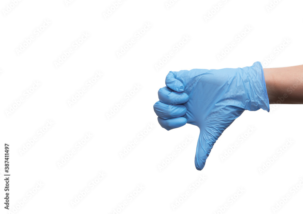 Latex blue gloves on hand.
