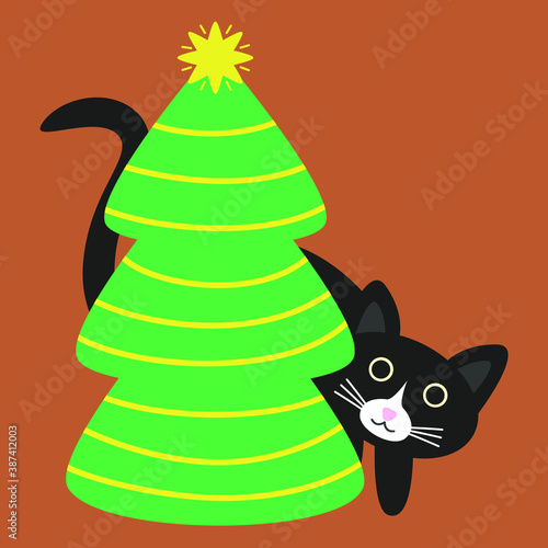 Crazy black cat and Christmas tree. Christmas card. Doodle vector illustration.