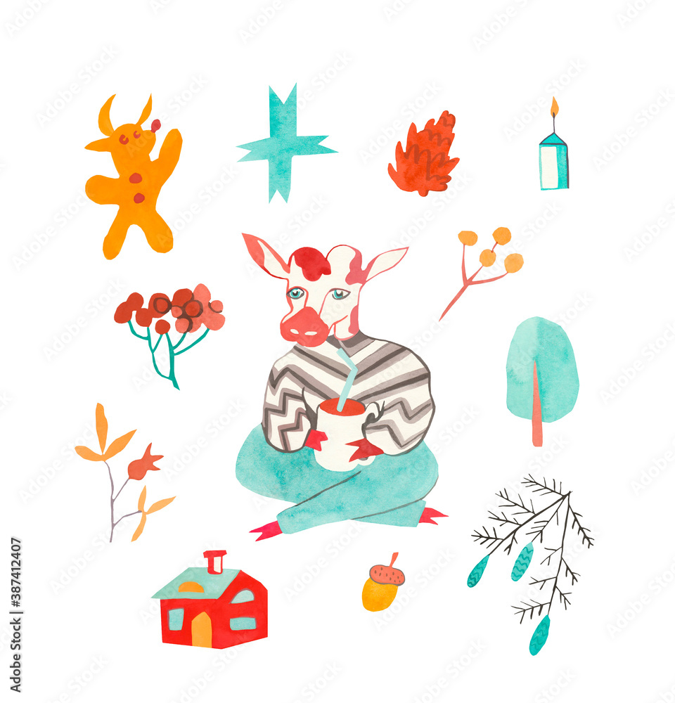 Watercolor set of cute Christmas animals hand drawn in orange, blue colors.Clip art Christmas steers,cookies,twigs,berries,gifts on a white isolated background.Design for cards,banners,advertising. Watercolor set of cute Christmas animals hand drawn in orange, blue colors.Clip art Christmas steers,cookies,twigs,berries,gifts on a white isolated background.Design for cards,banners,advertising.