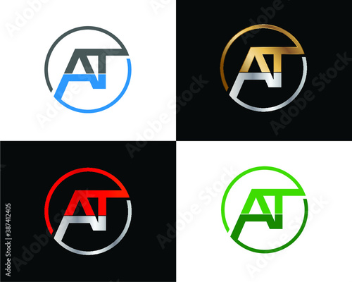 AT initial letters circle shape business logo red and black color