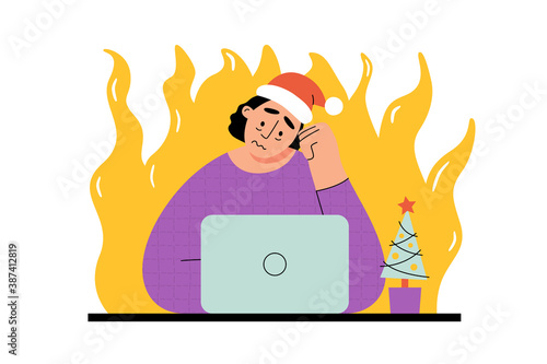 Work deadline before winter new year holidays. Sad girl with laptop and christmas tree having burnout vector illustration.