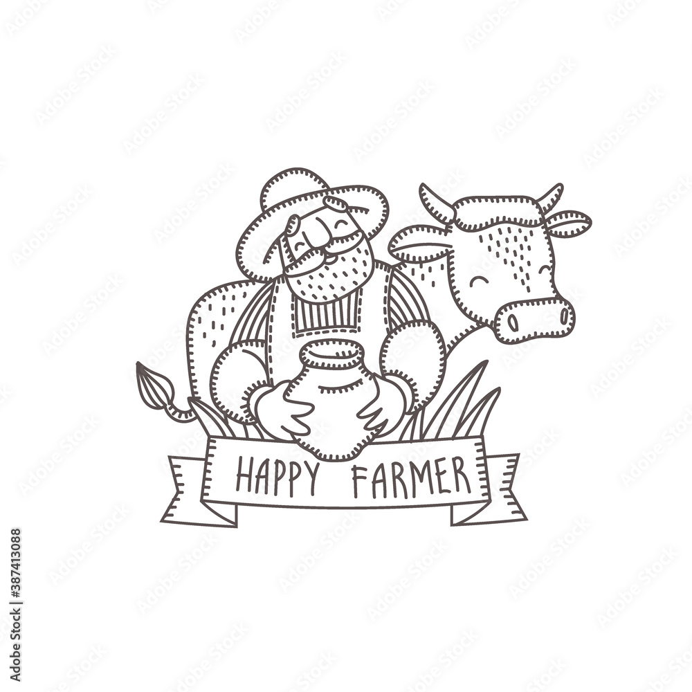 Farmer with a cow and milk. Vector logo, a design element for decorating farm products