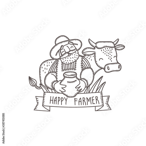 Farmer with a cow and milk. Vector logo  a design element for decorating farm products