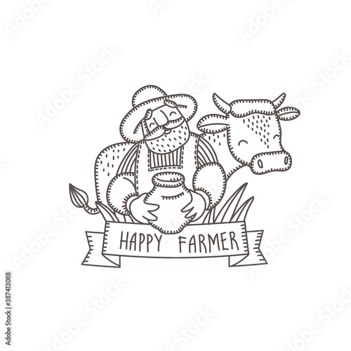 Farmer with a cow and milk. Vector logo, a design element for decorating farm products