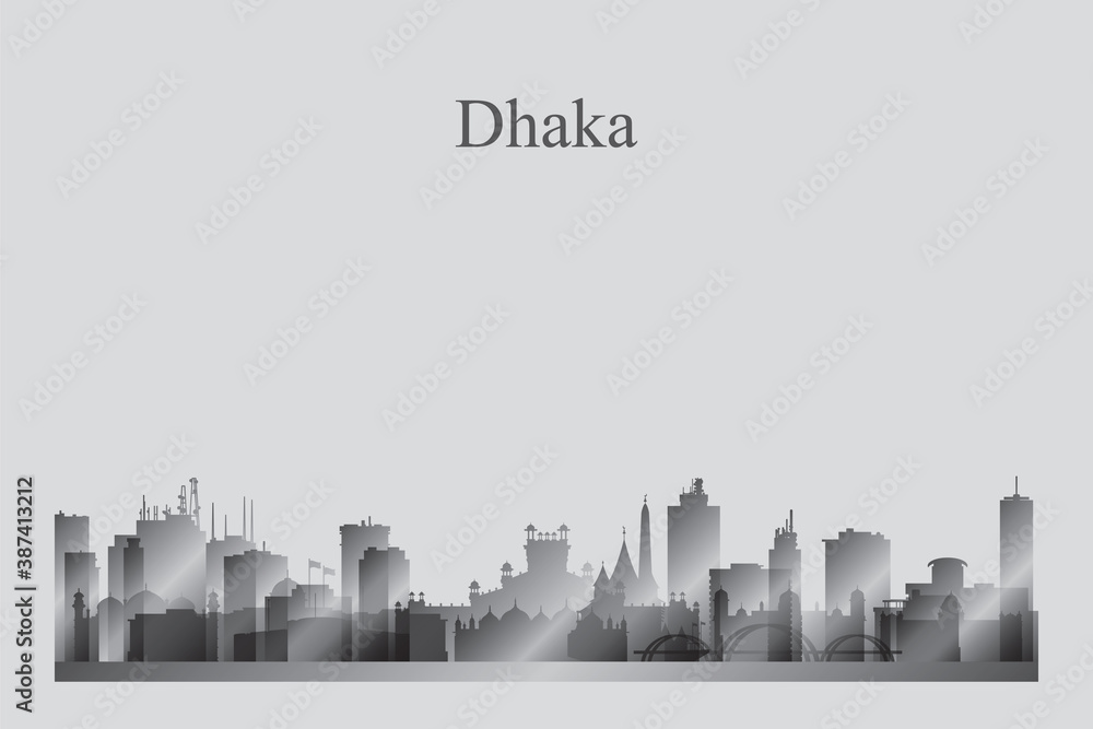Dhaka city skyline silhouette in a grayscale