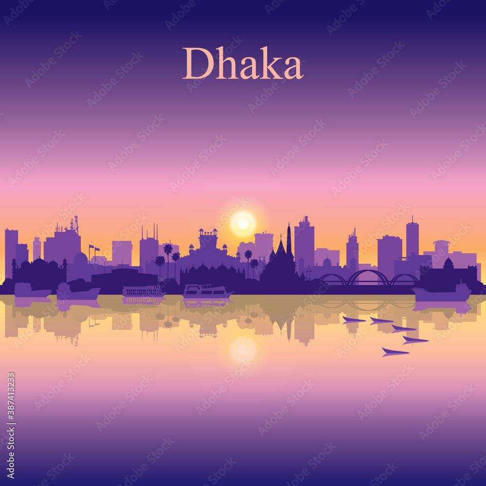 Dhaka city silhouette on sunset background