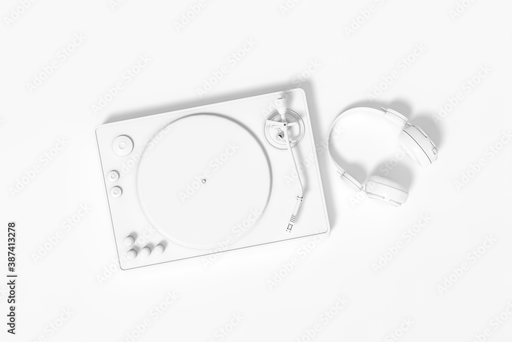 Fototapeta premium White Headphones and Portable Turntable on a white background 3d rendering. 3d illustration modern Fun Teenager Yellow Headphones with a fun and flat design template minimal music concept.