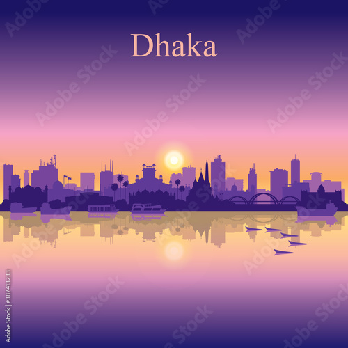 Dhaka city silhouette on sunset background