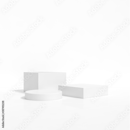 White box and Cylinder geometry podium stage backdrop on white background for product display stand or used in other designs 3d rendering. 3d illustration template minimal style concept.