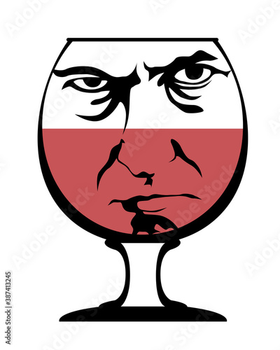 Face of a frowning man in a glass of wine. Drawing on the topic of alcoholism