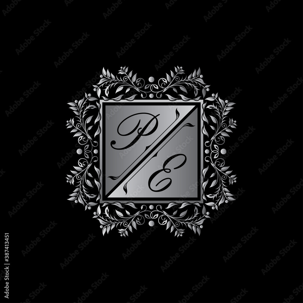 Golden floral badge with P and E uppercase letters. Vector letter stamp for wedding, greeting cards, invitations design. Golden floral badge with P and E uppercase letters. Vector letter stamp for wedding, greeting cards, invitations design.