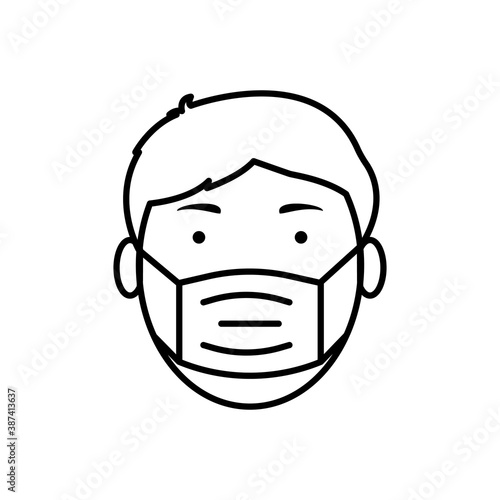 Man with a surgical protective medical mask on his face outline icon vector illustration isolated on white background for web design, print or infographics.