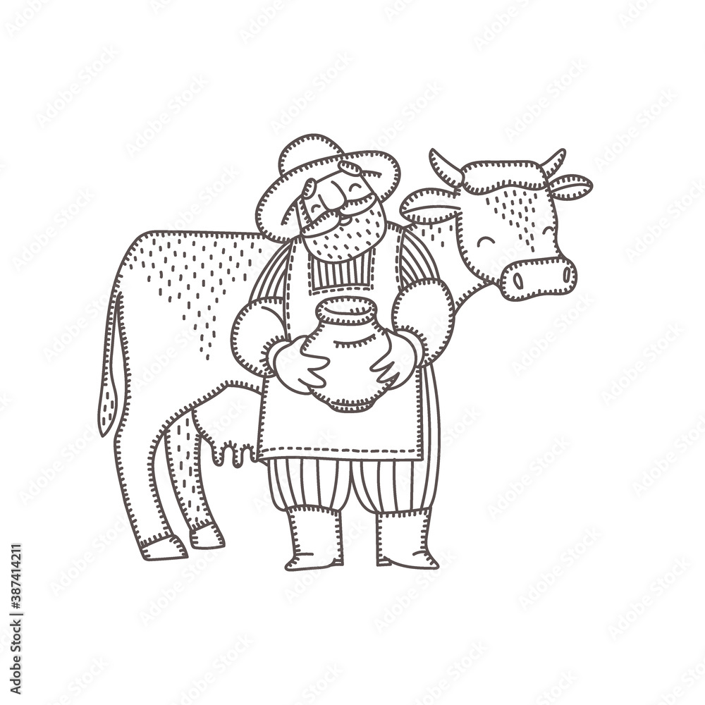 Farmer with a cow and a jug of milk. Vector logo, a design element for decorating farm products Farmer with a cow and a jug of milk. Vector logo, a design element for decorating farm products