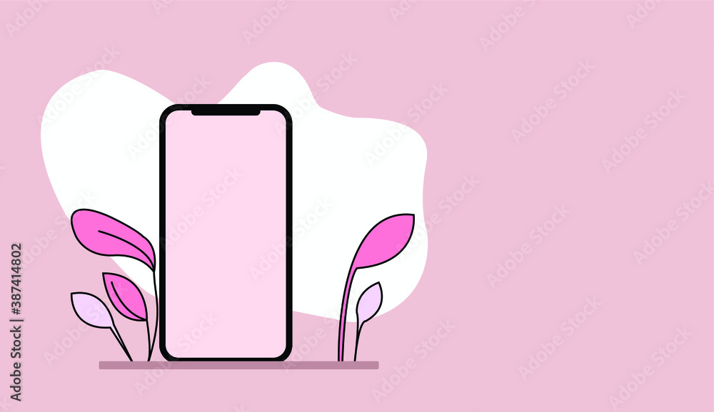 Vector image with phone and leaves to fill with your text. Pink background Vector image with phone and leaves to fill with your text. Pink background
