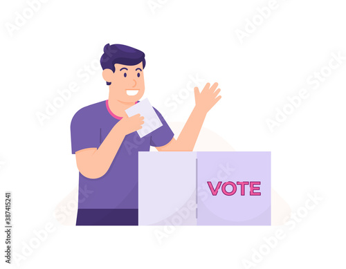 illustration of man wanting to put ballot paper into ballot box. the concept of voting, democracy, elections. flat style. design elements.