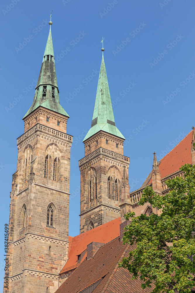 The towers of the St. Sebaldus church seen from the City Hall Square in Nuremberg