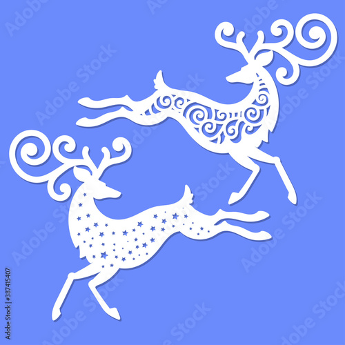 Template for laser cutting. Figures of Christmas deer. Christmas decoration. Vector.