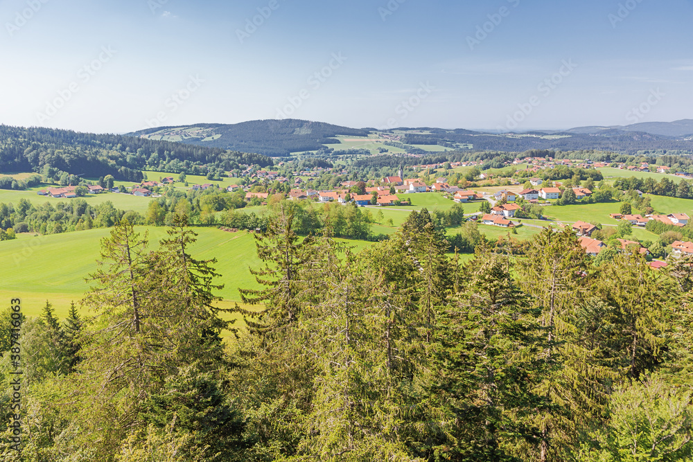 Overlooking the village of Neuschonau amidst the rolling hills at the border of the Bavarian Forest