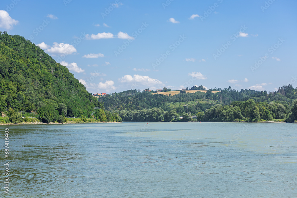 The confluence of the Danube and the Inn seen from the tip of the old city of Passau The confluence of the Danube and the Inn seen from the tip of the old city of Passau