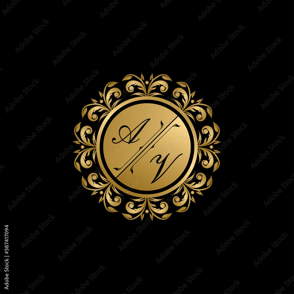 Fototapeta premium Luxury golden circle badge with A and H uppercase letter. Vector letter stamp for wedding, greeting cards, invitations design.
