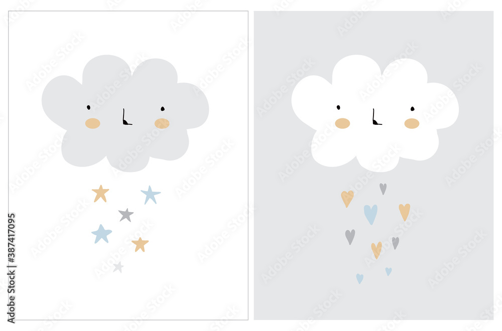 Fototapeta premium Cute Abstract Baby Shower Vector Illustrations Set with Hand Drawn Clouds. Simple Infantile Style Nursery Art. Fluffy Clouds and Rain of Stars and Hearts Isolated on a White and Light Gray Background.