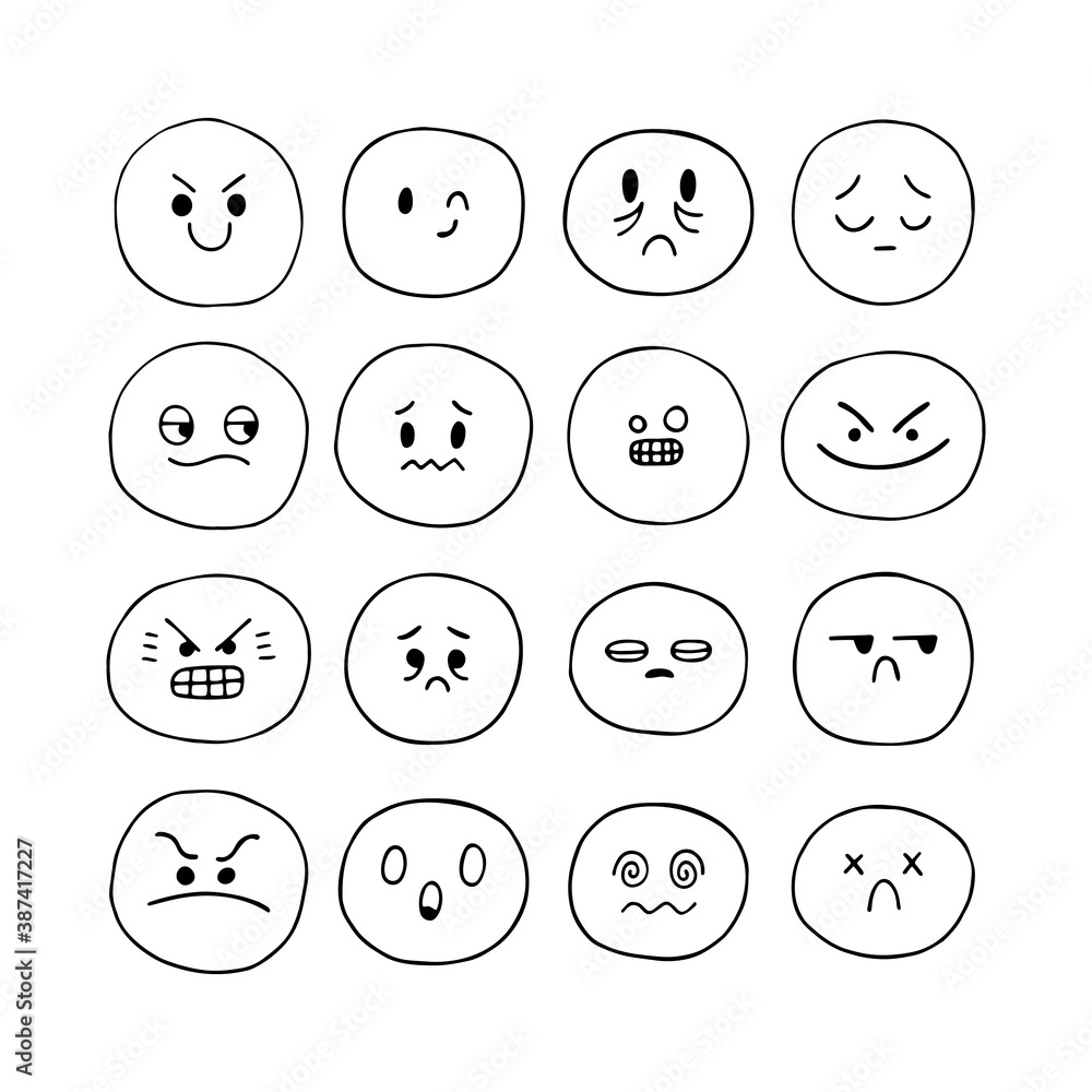 Hand drawn funny smiley faces. Sketched facial expressions set. Emoji icons. Collection of cartoon emotional characters. Kawaii style Hand drawn funny smiley faces. Sketched facial expressions set. Emoji icons. Collection of cartoon emotional characters. Kawaii style