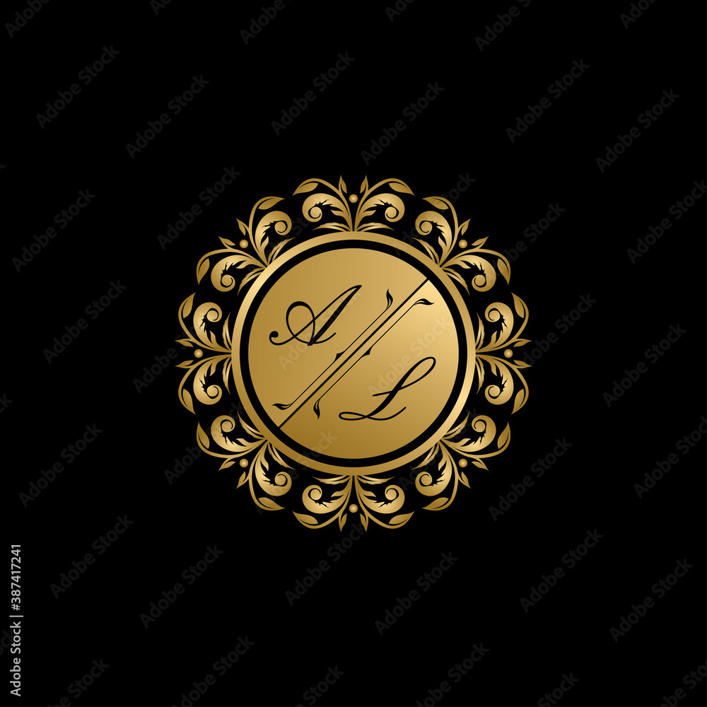 Fototapeta premium Luxury golden circle badge with A and H uppercase letter. Vector letter stamp for wedding, greeting cards, invitations design.