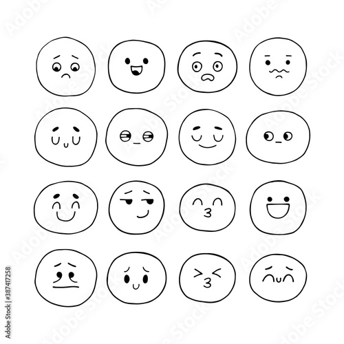 Hand drawn funny smiley faces. Sketched facial expressions set. Kawaii style. Collection of cartoon emotional characters. Emoji icons
