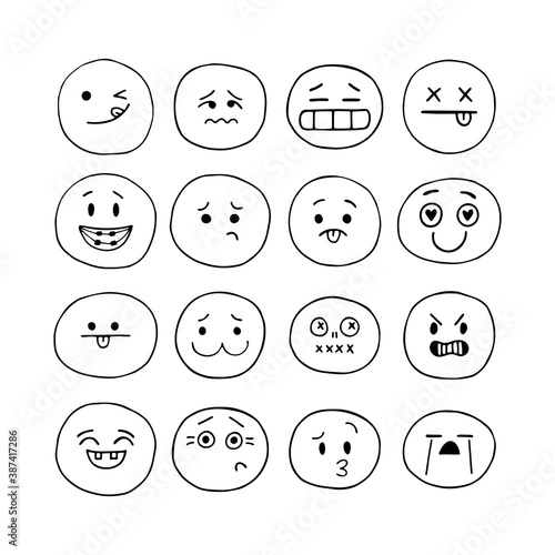 Happy hand drawn funny smiley faces. Sketched facial expressions set. Collection of cartoon emotional characters. Emoji icons. Kawaii style