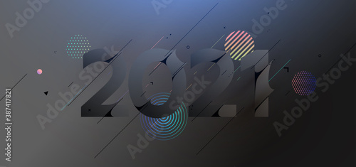 2021 New Year number for holiday concept modern design with geometric 3d elements and 80s memphis bright style. Christmas techno party art with abstract shapes. Vector illustration