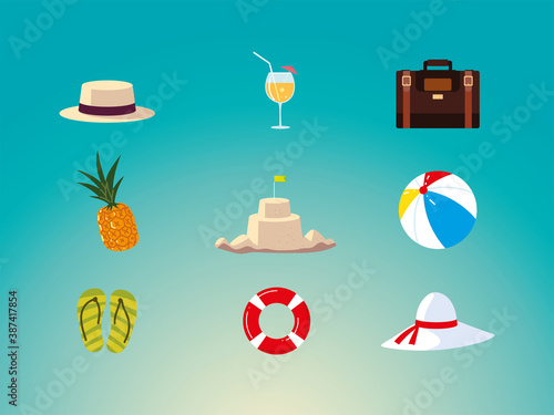 summer vacation travel, hat pineapple suitcase cocktail float sandcastle icons