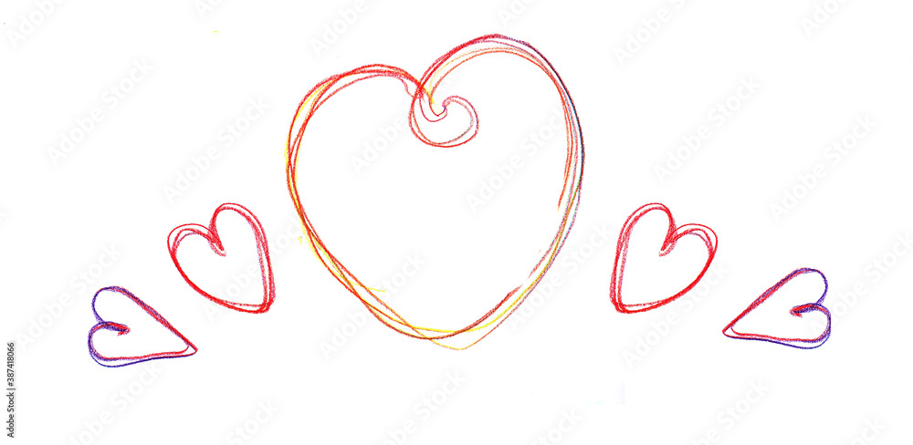 template of hand drawn colored pencil hearts colored in a row on a white background
