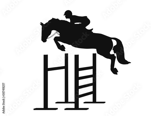 Equestrian athlete jumping sportive horse over obstacles vector silhouette