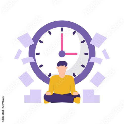 illustration of a man doing meditation in front of a clock and paper assignments. sitting lotus yoga pose. the concept of time management, deadlines, and breaks. relax and refresh the mind. flat style