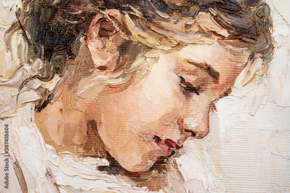 The painting is created in oil with expressive brush strokes. A young girl  is depicted on a beige background.