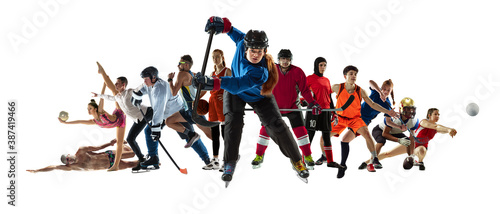 Fototapeta Naklejka Na Ścianę i Meble -  Sport collage of professional athletes or players isolated on white background, flyer. Made of different photos of 10 models. Concept of motion, action, power, target and achievements, healthy, active