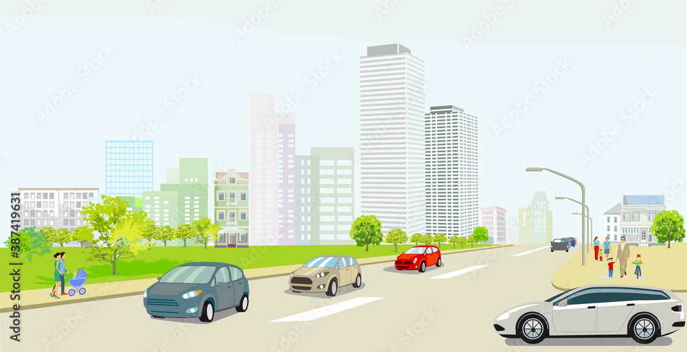 Stadtsilhouette mit Landstaße. Menschen und Straßenverkehr,  Illustration