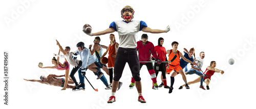 Sport collage of professional athletes or players on white background  flyer. Made of different photos of 11 models. Concept of motion  action  power  target and achievements  healthy  active