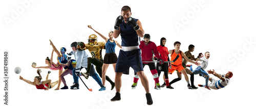 Sport collage of professional athletes or players on white background  flyer. Made of different photos of 12 models. Concept of motion  action  power  target and achievements  healthy  active
