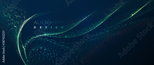 Glowing particles liquid dynamic flow background. Trendy fluid cover design. Eps10 vector illustration