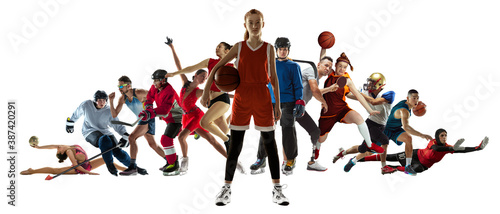 Sport collage of professional athletes or players on white background, flyer. Made of different photos of 11 models. Concept of motion, action, power, target and achievements, healthy, active